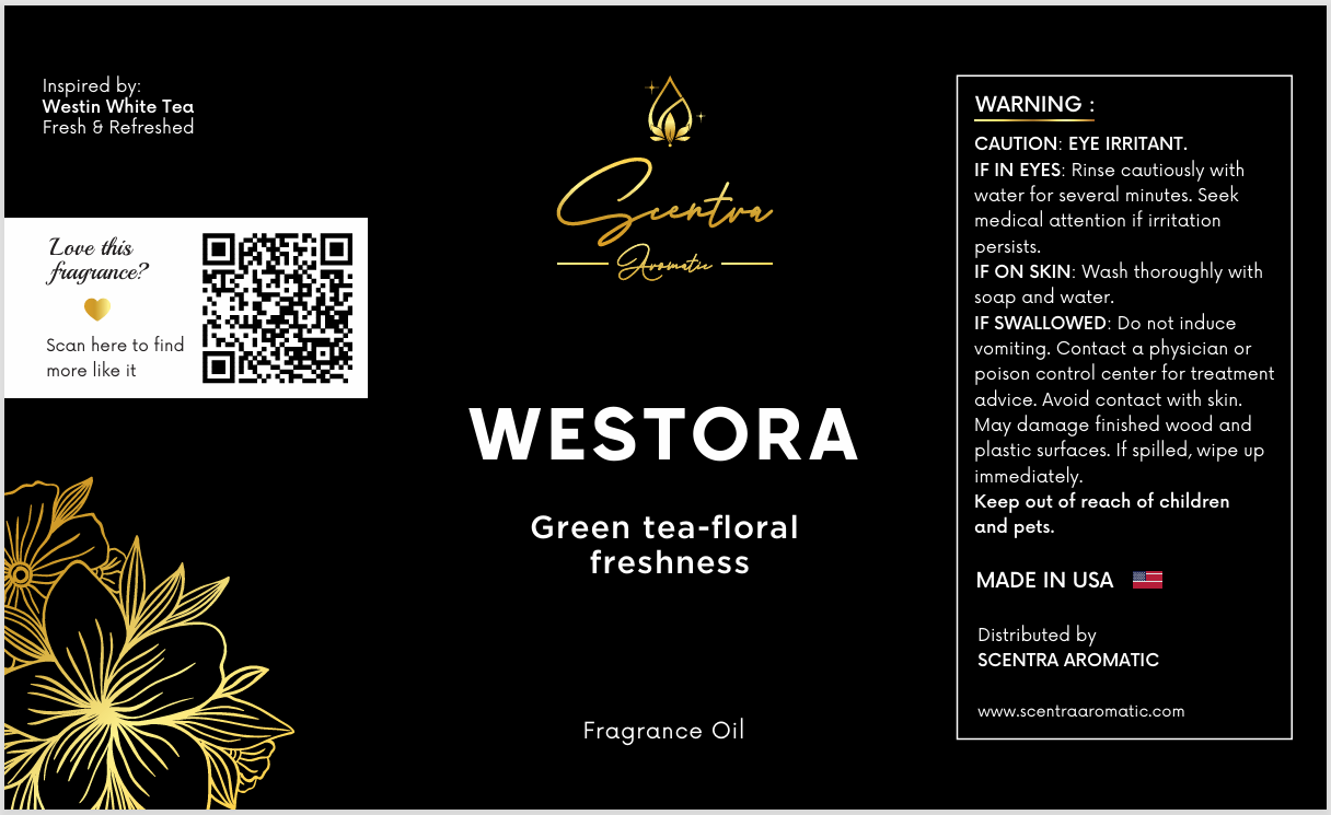 Westora green tea floral freshness fragrance oil label by Scentra Aromatic