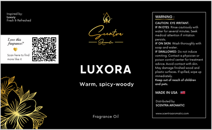 Luxora warm spicy woody fragrance oil product label