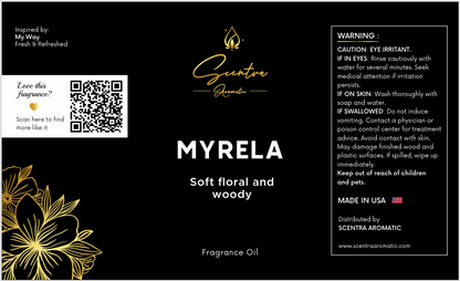 Myrela Soft floral and woody Fragrance Oil product label