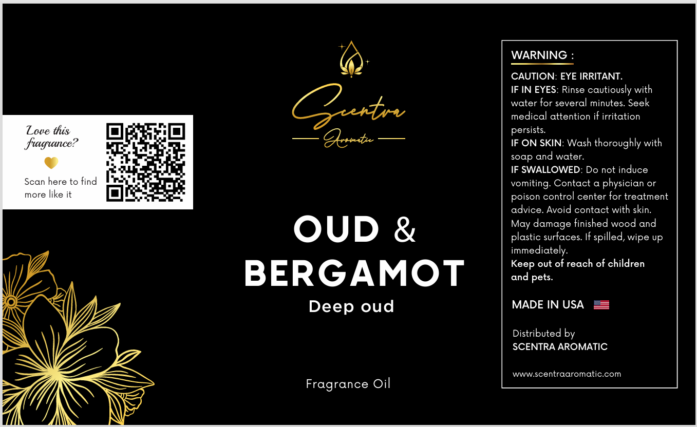 Scentra Aromatic OUD & BERGAMOT Deep Oud Aromatic Fragrance Oil product label